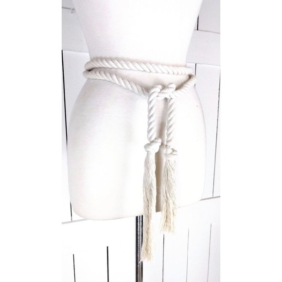 CIvory long woven braided rope knotted fringe tassel tie belt main image 5